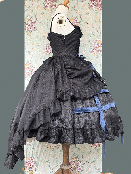 Cross JSK Accents with Gothic Black Birdcage Lolita and Blue Dress
