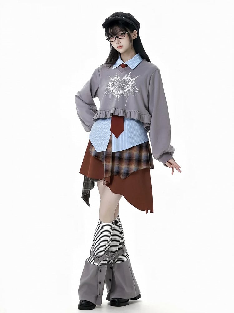 Graues, kurzes Sweatshirt mit Grafik und V-Ausschnitt, Rüschensaum