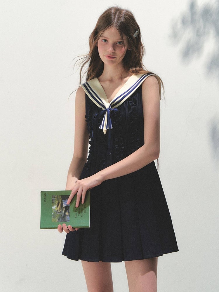 Blue Collar with Pleated Kawaii Detachable Dress Navy Sailor Style
