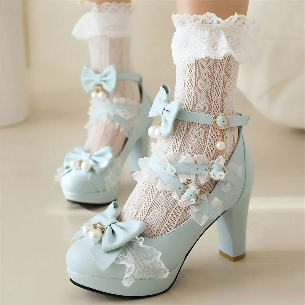Lolita Pearl Bow Lace Round Head Heels Shoes - 33-43