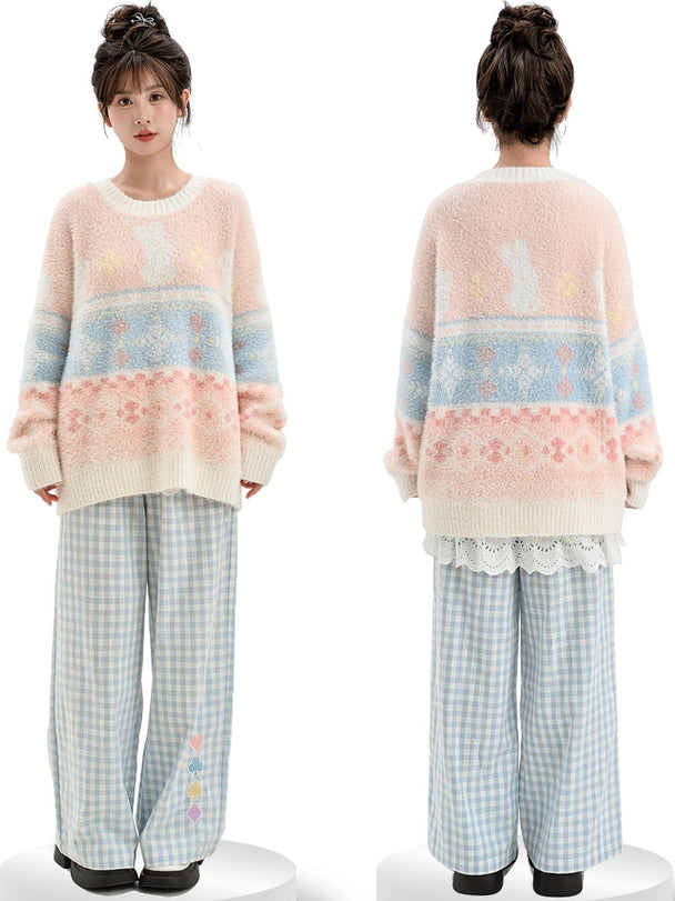 ピンクのかわいいウサギ柄ラウンドネックソフトセーター