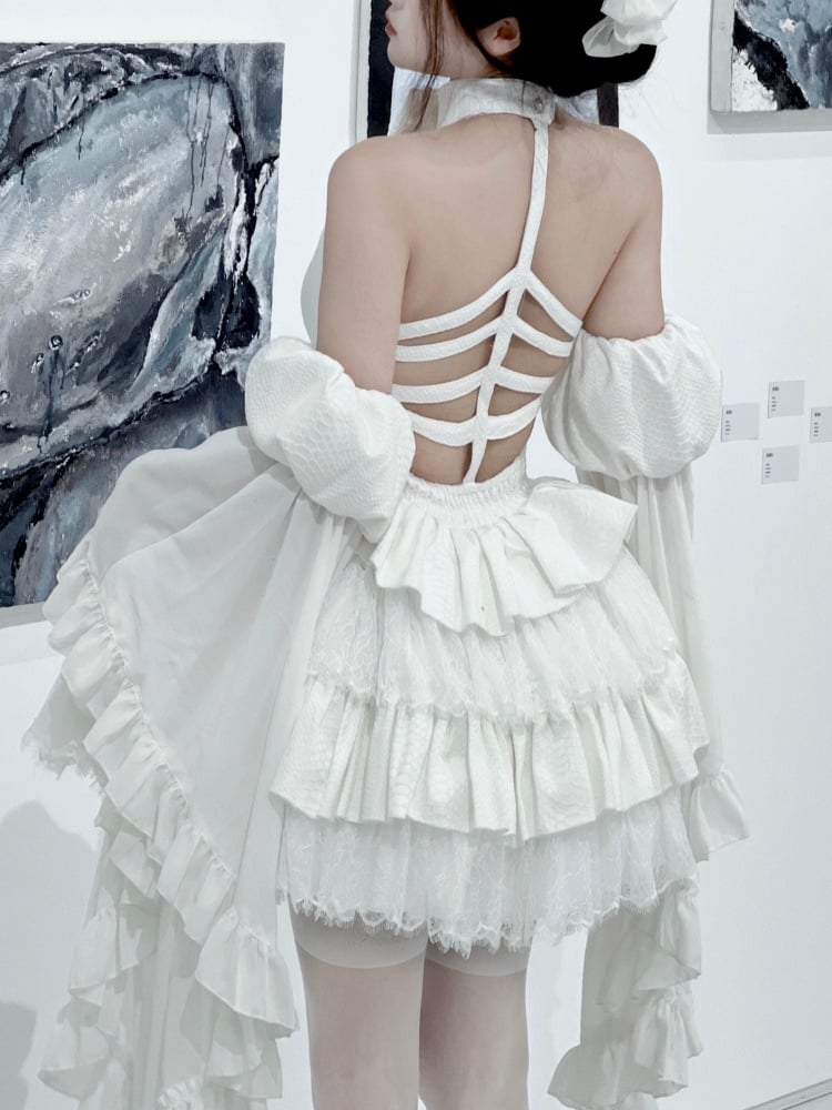 ホワイトカットアウトホルターネックドレスジャンパースカート