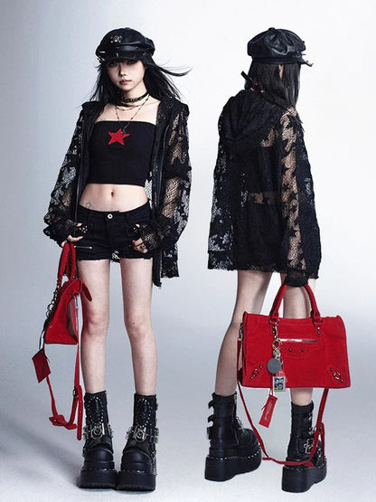 ジャケット Y2K 保護 ブラック スター柄 中空アウト サンフード付き