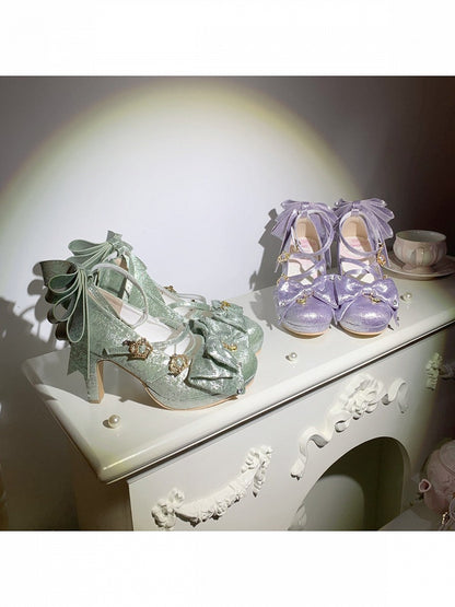 3 Colors Satin Lolita Shoes with Crown Buckle and Bowknot - 8.5cm High Heels - Aimee