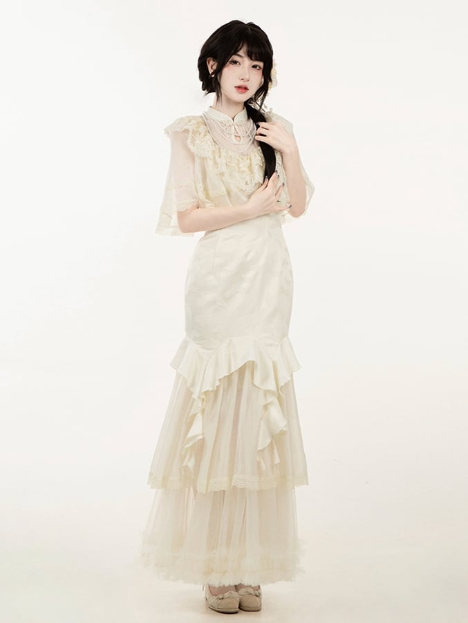 Shawl and Neckline Flowers Beige Decorated Beads