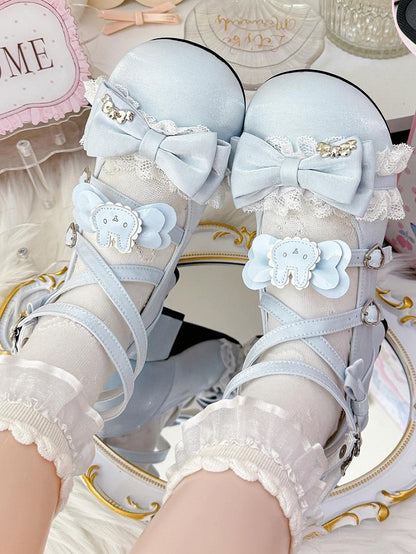 Mary Round - Toe Lolita Sweet with Bow Satin Blue Janes Details