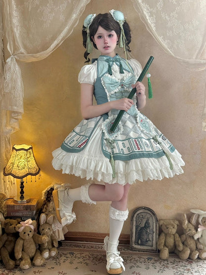 Mahjong-Themed Halter Top & Skirt Set in White & Green with Tassels - Maiden Portal