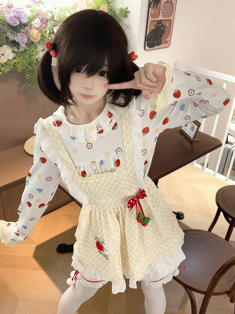 Flutter Dot Plaid Charm Bow Yellow Polka Trim Apron - Lace Strawberry Sleeve