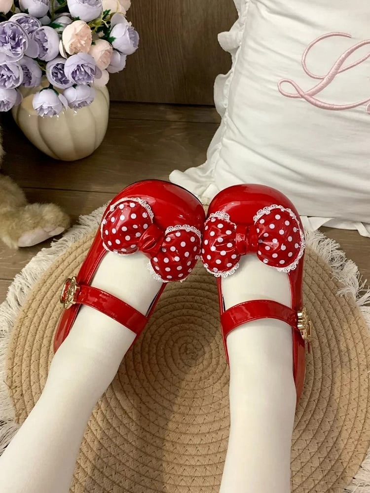 Sweet Lolita Wine Red Low-heel/Mid-heel Mary Janes with Lace Trim and Polka Dot Bow, Snap Design