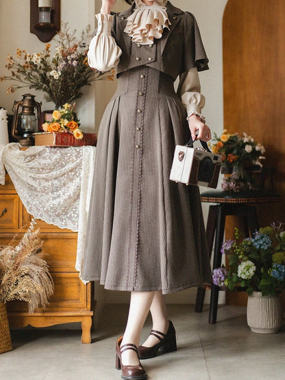 Brauner Frühlings-Lolita-Rock mit hoher Taille und Stäbchen