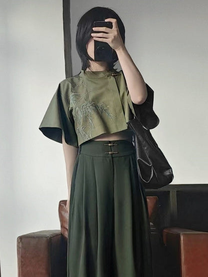 Green Bamboo Embroidered Short Sleeve Top - Feng Hua Gui Guo Ling