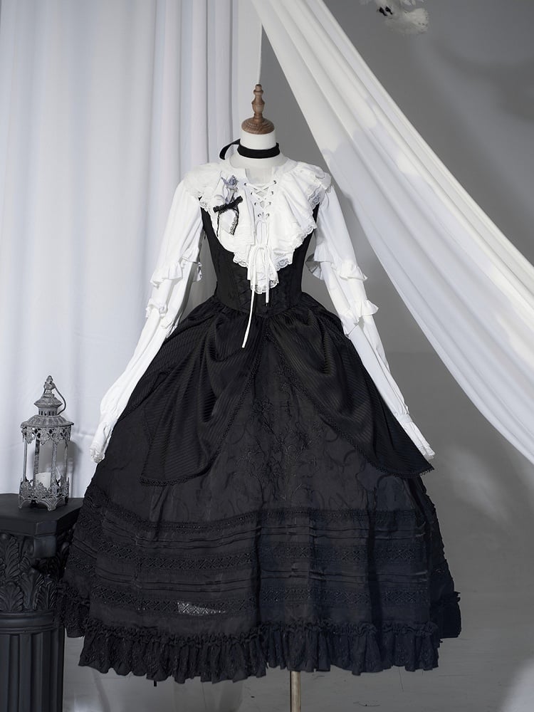 Detail Lolita with Under Bust Dress Embroidery Gothic Waist Black Boned