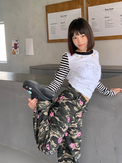 Pink Pants Camouflage Cat with Details Paw Rhinestone