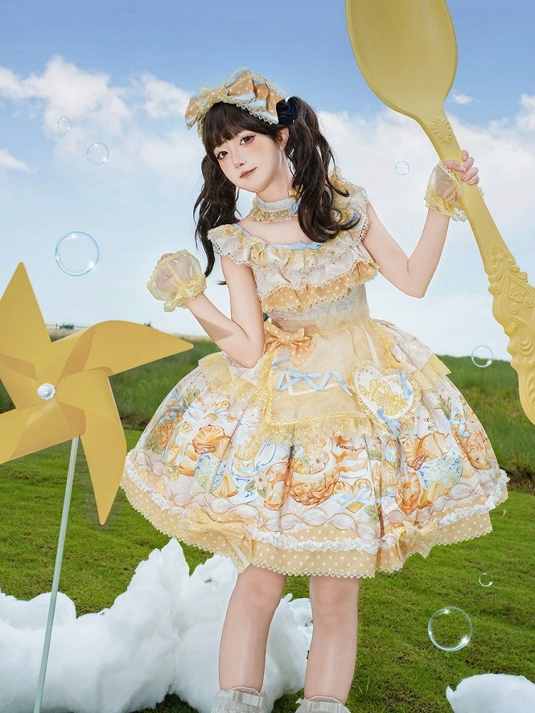 Yellow & Blue Polka Dot Fruit Print Lolita JSK Dress with Lace Details - Badoni B DOLLY Original Design