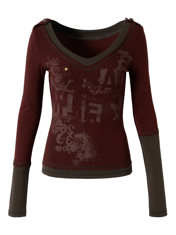 Top Patchwork Design Long Red Rock Sleeve Punk Wine Print with Letter