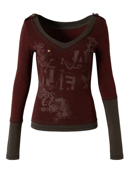 Top Patchwork Design Long Red Rock Sleeve Punk Wine Print with Letter