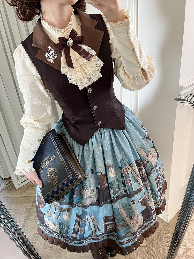 Brown Lapel Collar Coffee Cup Embroidery Striped Elegant Waistcoat - Dream Whale