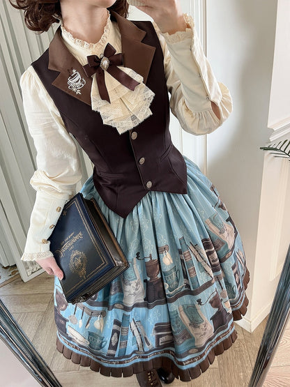 Brown Lapel Collar Coffee Cup Embroidery Striped Elegant Waistcoat - Dream Whale
