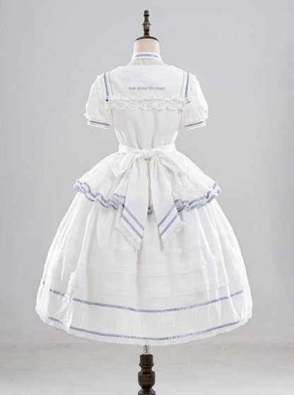 Ivory and Azure Stitched Sailor Gown with Detachable Collar - Honey Machine