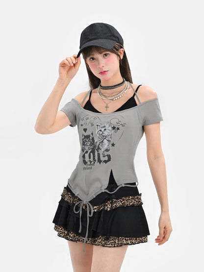 Two-pieces Hem Y2K Grey Cutout Shoulder Cat Print Drawstring T-Shirt Faux