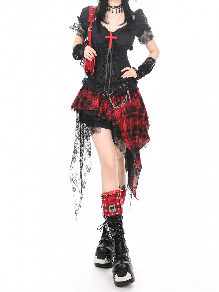 Gothic Black Lace-Up Fitted Puff Sleeve Top with Lace Trim