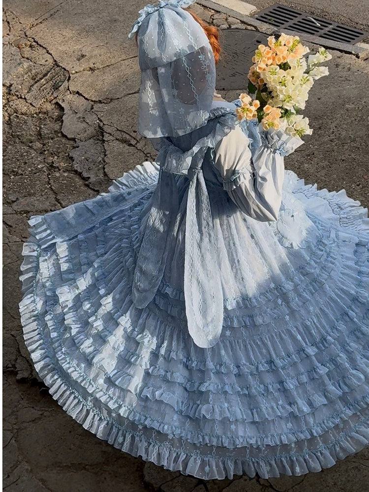 Ear Bunny Floral Ruffled with Blue Hood Lolita Pattern Overdress