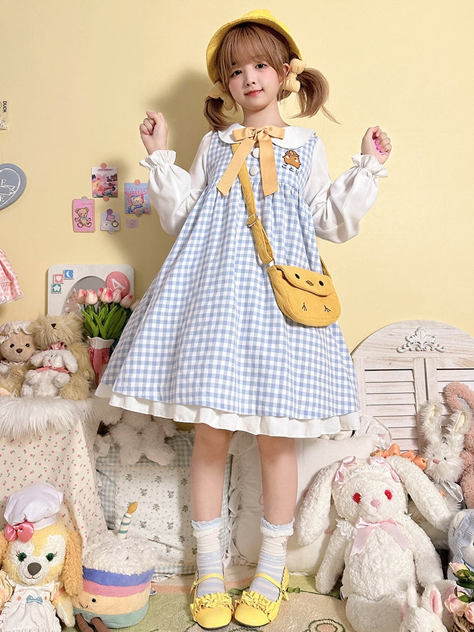 キュートなチキン柄ライトブルーチェック柄ピーターパンカラー長袖ワンピース