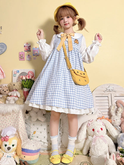 キュートなチキン柄ライトブルーチェック柄ピーターパンカラー長袖ワンピース