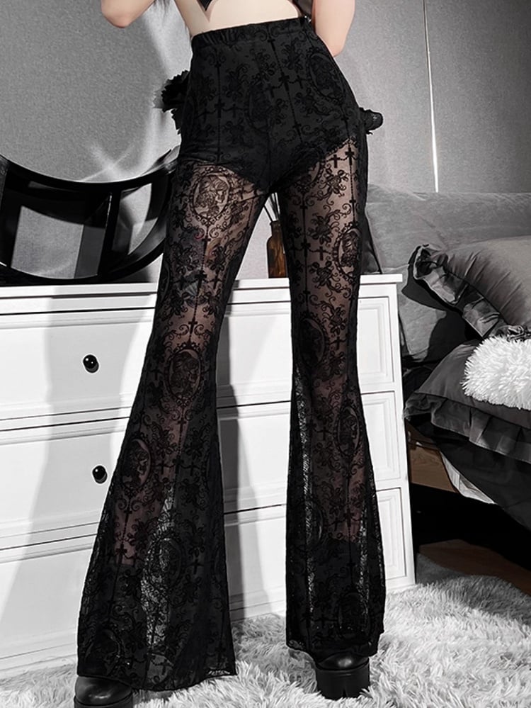 Semi-Sheer with Black Flare Pants Cross Gothic Embroidery Lace
