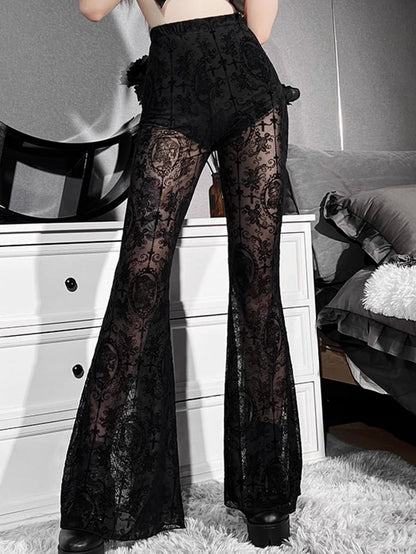 Semi-Sheer with Black Flare Pants Cross Gothic Embroidery Lace