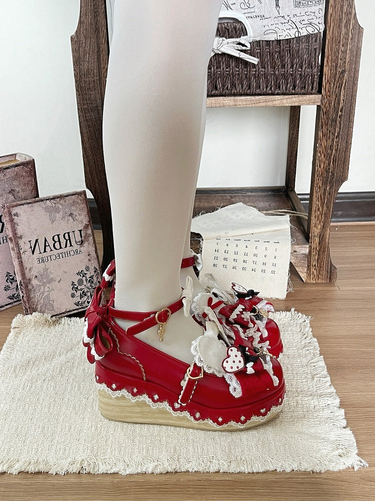 Wine Red Lace Bowknot Platform Shoes with Rabbit Ears - Cheese Mango