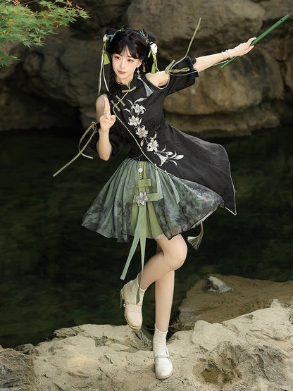 Black & Green Lily Embroidery Asymmetrical Top and Skirt - Han Ru Chu Hanfu & Han-Element Studi