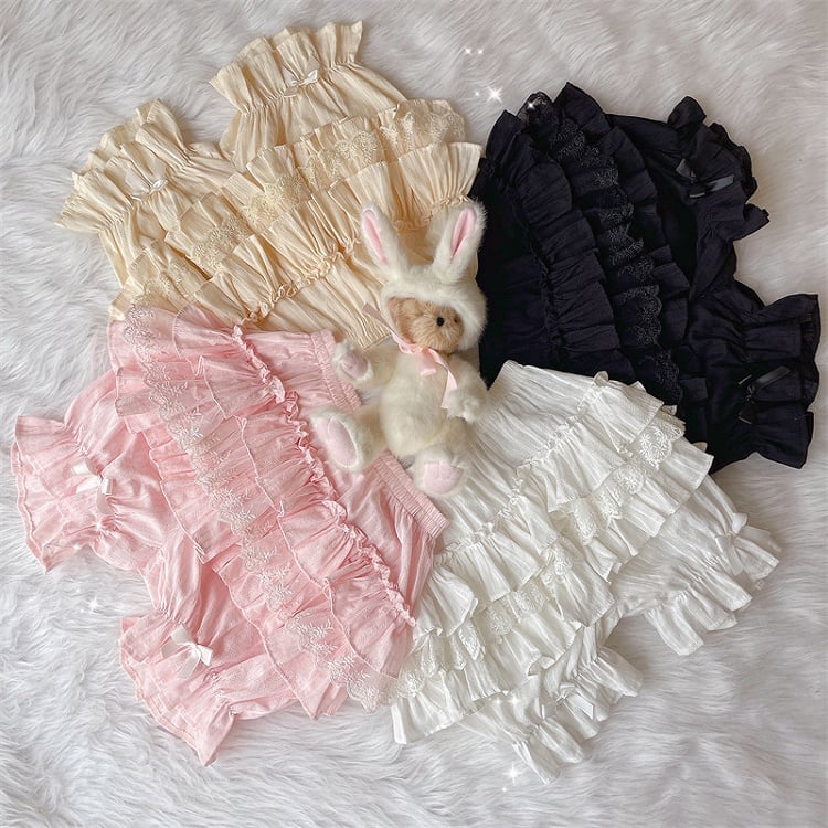 Black Ruffle Lace Bow Details Lolita Bloomers with Multi-Layer