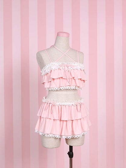 ピンクのティアードフリルディテールレーストリム水着 蝶結び