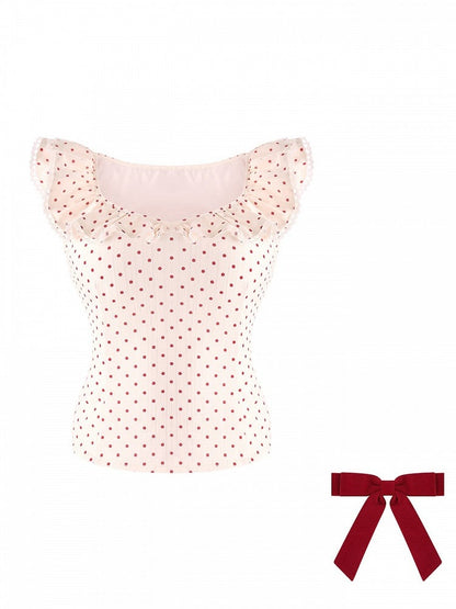 Haut à volants pois rouge et beige avec nœud - Serendipity