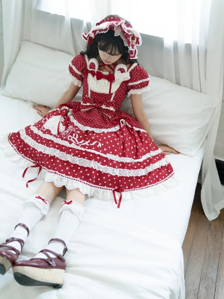 Red Pattern Neckline Plush Sweet Polka Dots Square Bunny Lolita Dress Ears