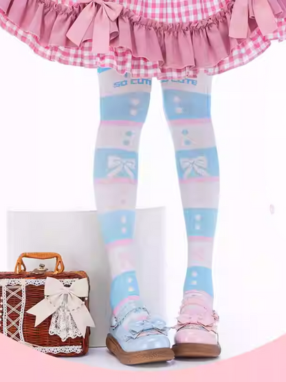 Blue and White Striped Bow Print Over Knee Stockings