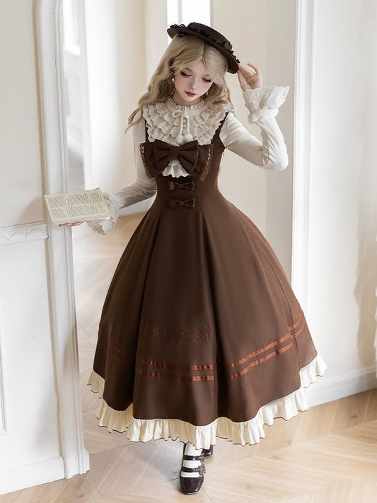 Beige Knit Elegant JSK Embroidery Brown Top Violin Bow + Classic Lolita Hat Detachable
