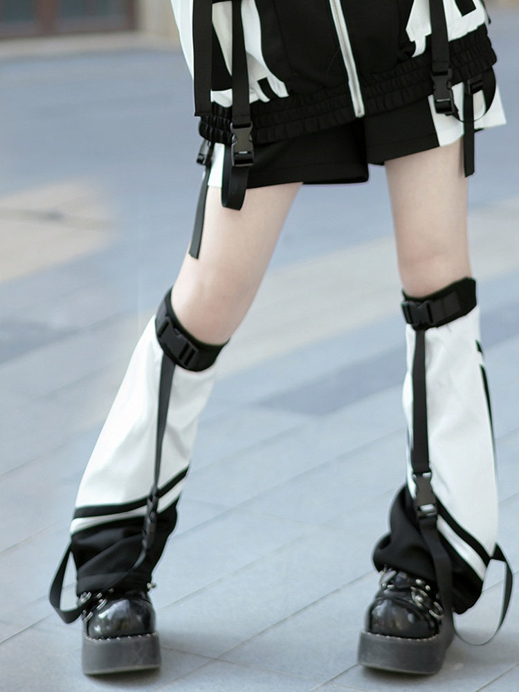 Design and Black Snap White Landmine Style Warmers Cuffs Techwear with Leg Adjustable