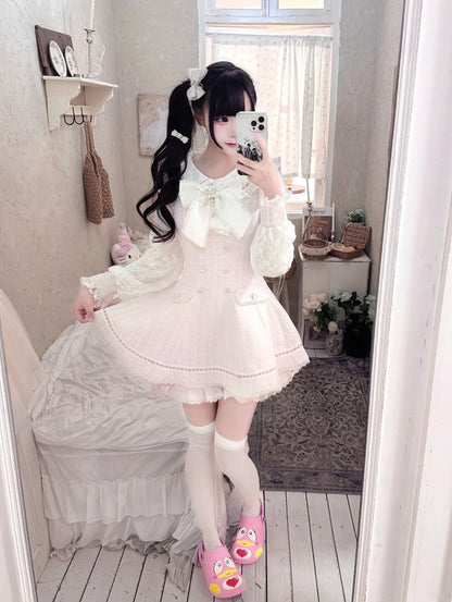 Tweed Set Long-Sleeve Pink Dress Kei Jirai Matching + Lace Fresh Shorts