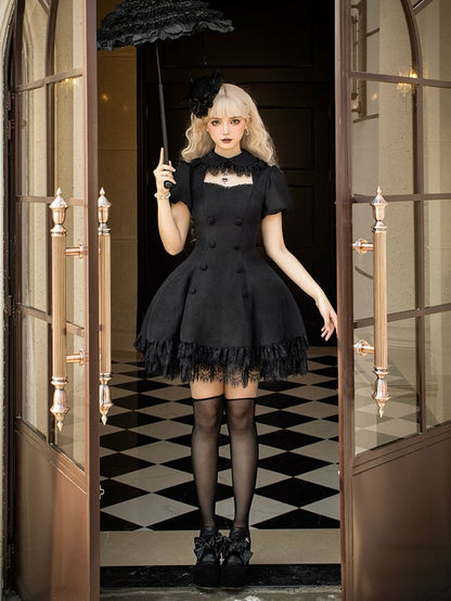 Black Cutout Neckline Short Puff Sleeves Lace Hemline Gothic Lolita Dress