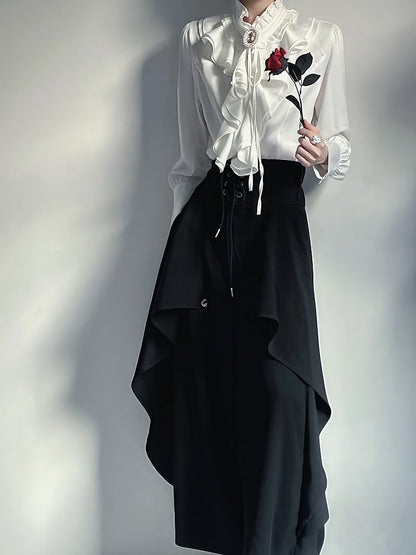 Outfit - Black Built-in Pants Jabot with + White Princecore Collar Design Blouse Corset Wide-leg