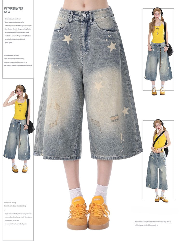 Starry Blue Faded Wash Denim Capris Pants with Distressed Holes