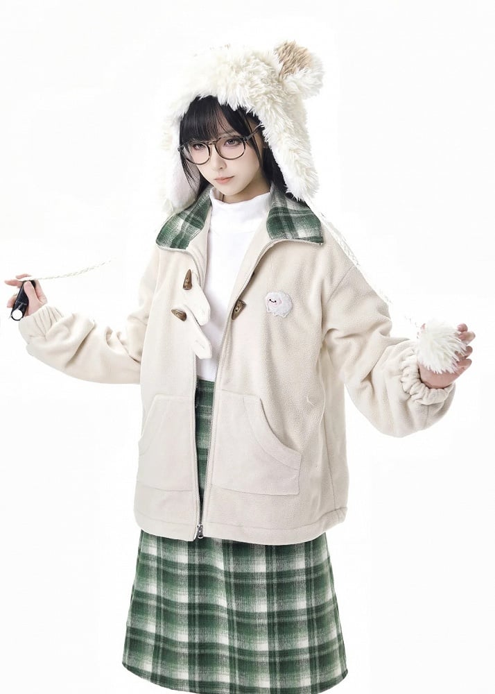 アプリコットホーンボタンデザインフリースコート+ポンポンスカーフ+ベスト