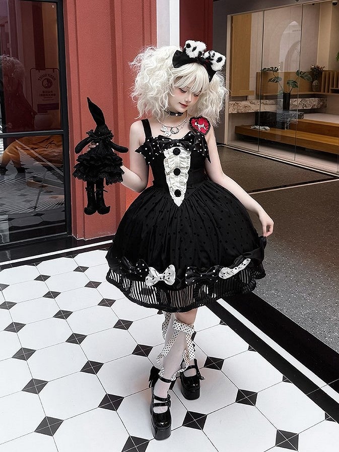 Black White Polka Dot Gothic Lolita Jumper Skirt with Bows Striped Hem - Tan Tuan