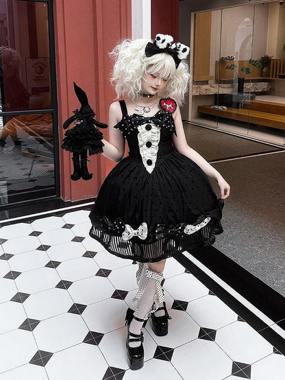 Black White Polka Dot Gothic Lolita Jumper Skirt with Bows Striped Hem - Tan Tuan