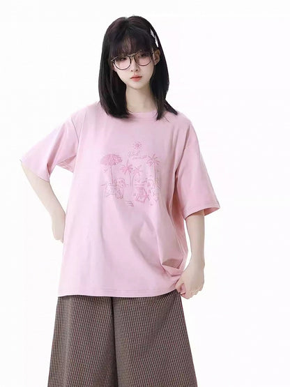 ルーズグラフィティTシャツ パピー ラウンドネック グレー/ピンク/ライトパープル