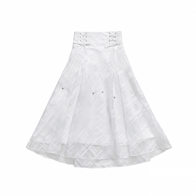 Lace-up High Waist Skirt with Plaid Clean Overlay Aesthetic White Innocent