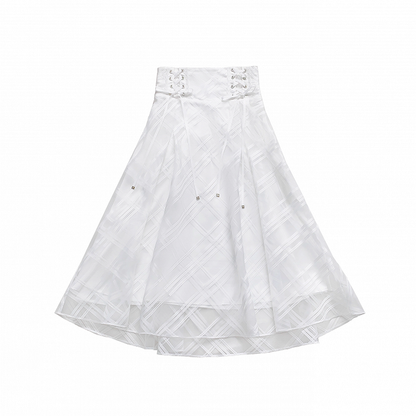 Lace-up High Waist Skirt with Plaid Clean Overlay Aesthetic White Innocent