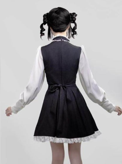 One-Piece Long with Jirai Choker Lace Sleeve White Kei Details Dress Black Design